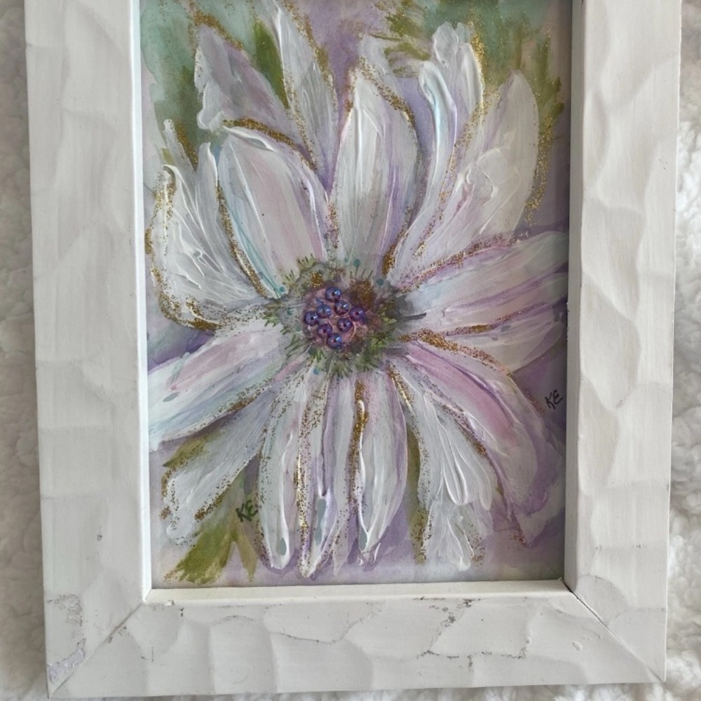 White, pastel textured mixed media floral painting  Framed 9x7 inches OOAK - Picture 3 of 6